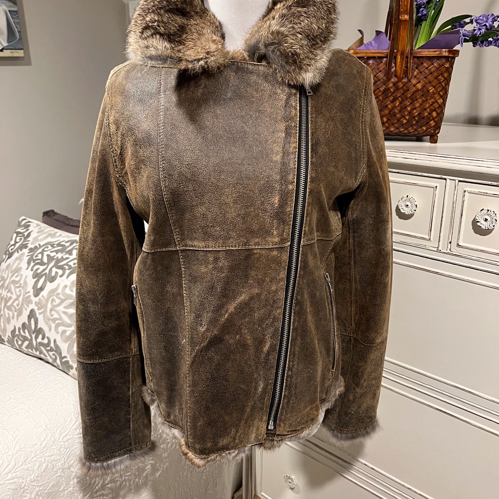 Andrew Marc Brown Distressed Leather Bomber Jacket With Rabbit Fur Lining